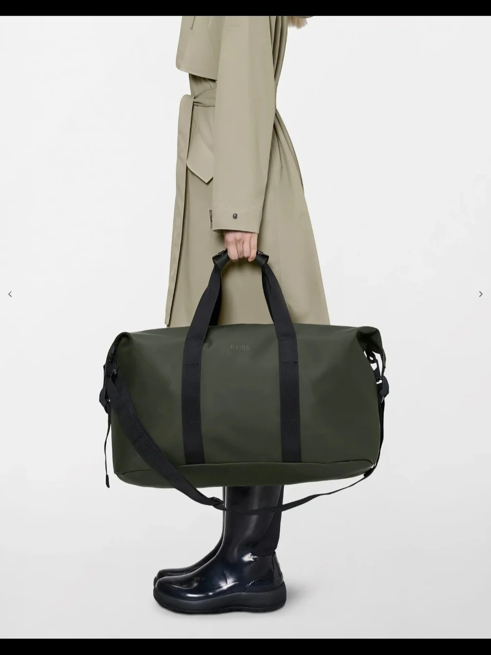 Rains Olive Green Duffel Bag with Black Straps